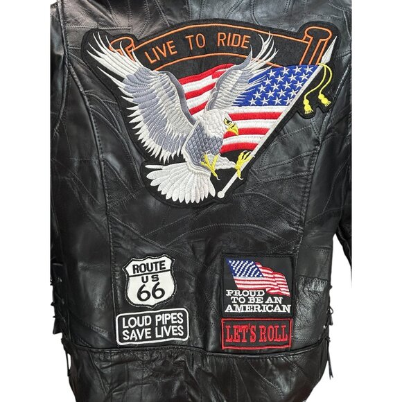 DIAMOND PLATE Buffalo Genuine Leather Biker Jacket Mens M Customized Patches - Picture 6 of 9